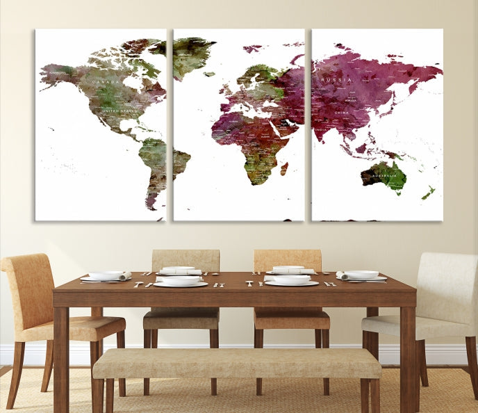 Green Purple Framed Push Pin Large World Map Wall Art Canvas Print