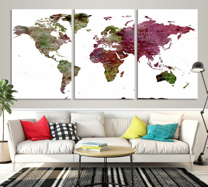 Green Purple Framed Push Pin Large World Map Wall Art Canvas Print