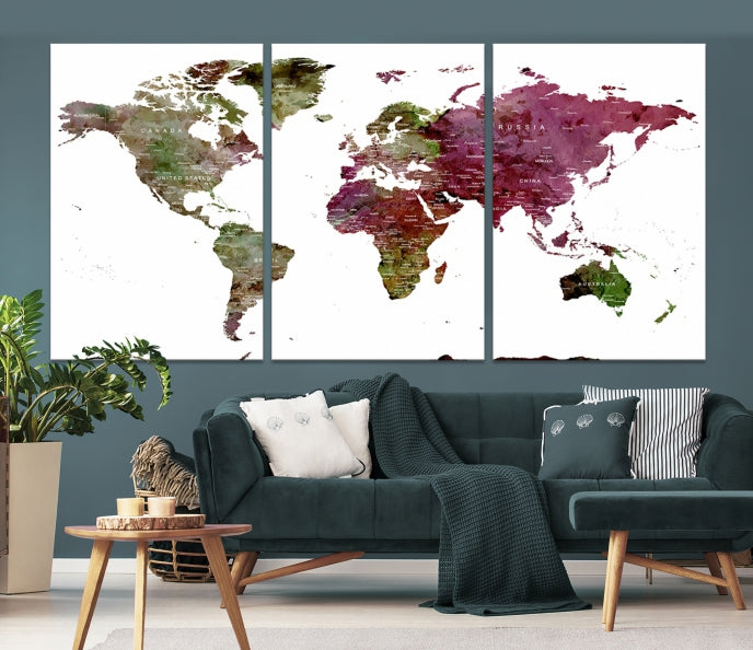 Green Purple Framed Push Pin Large World Map Wall Art Canvas Print