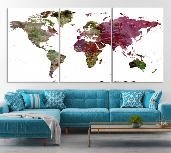 Green Purple Framed Push Pin Large World Map Wall Art Canvas Print