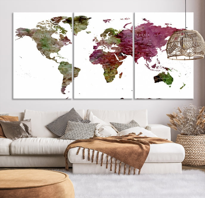 Green Purple Framed Push Pin Large World Map Wall Art Canvas Print