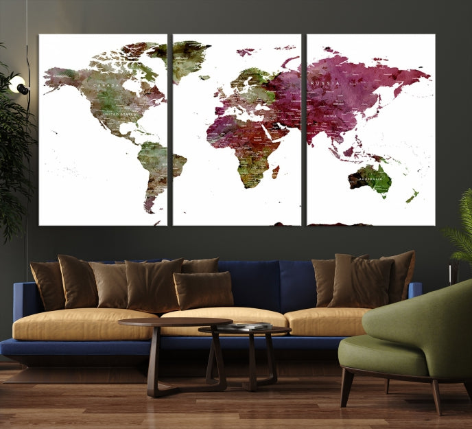 Green Purple Framed Push Pin Large World Map Wall Art Canvas Print