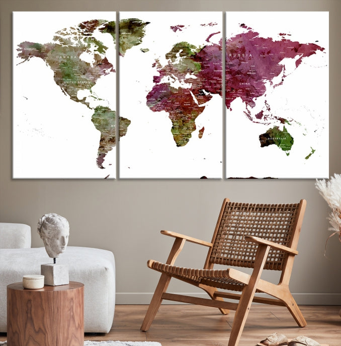 Green Purple Framed Push Pin Large World Map Wall Art Canvas Print