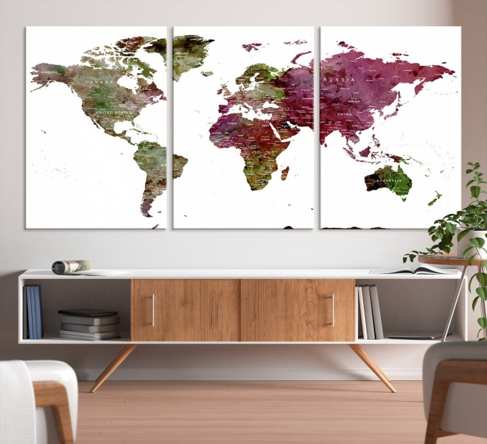 Green Purple Framed Push Pin Large World Map Wall Art Canvas Print