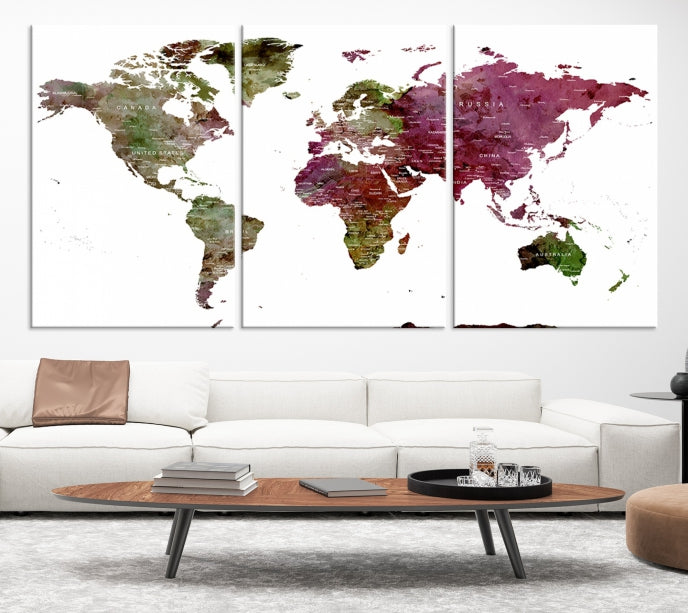 Green Purple Framed Push Pin Large World Map Wall Art Canvas Print