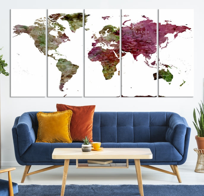 Green Purple Framed Push Pin Large World Map Wall Art Canvas Print