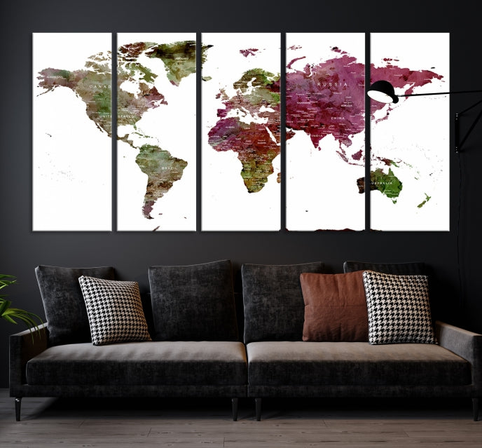 Green Purple Framed Push Pin Large World Map Wall Art Canvas Print