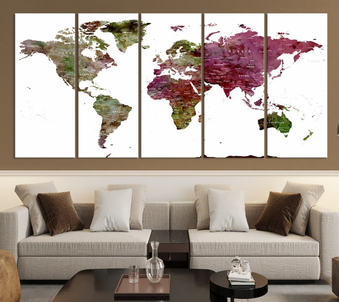 Green Purple Framed Push Pin Large World Map Wall Art Canvas Print