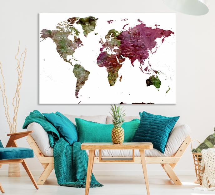 Green Purple Framed Push Pin Large World Map Wall Art Canvas Print