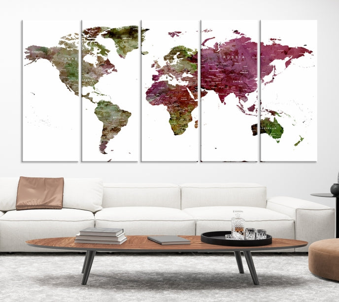 Green Purple Framed Push Pin Large World Map Wall Art Canvas Print