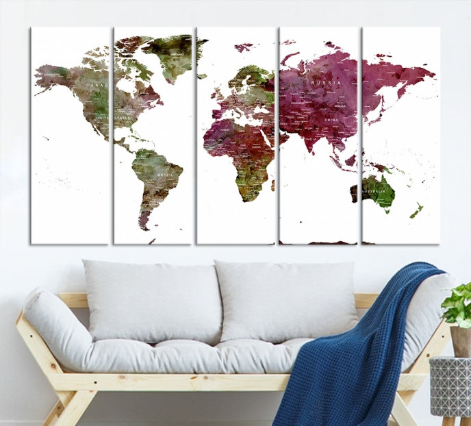 Green Purple Framed Push Pin Large World Map Wall Art Canvas Print