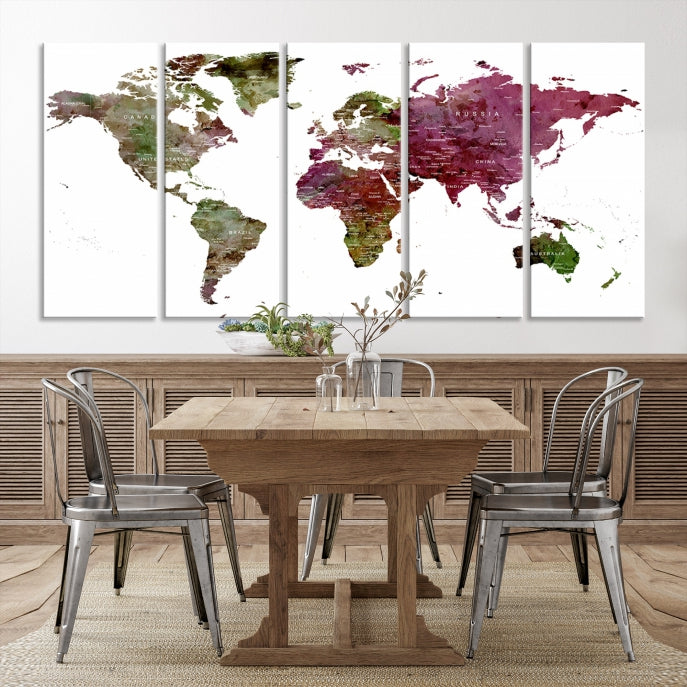 Green Purple Framed Push Pin Large World Map Wall Art Canvas Print