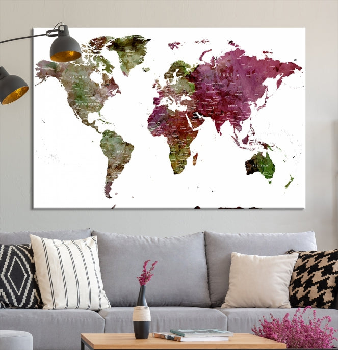 Green Purple Framed Push Pin Large World Map Wall Art Canvas Print