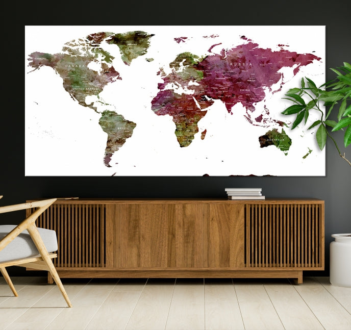 Green Purple Framed Push Pin Large World Map Wall Art Canvas Print