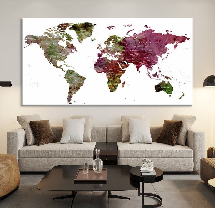 Green Purple Framed Push Pin Large World Map Wall Art Canvas Print