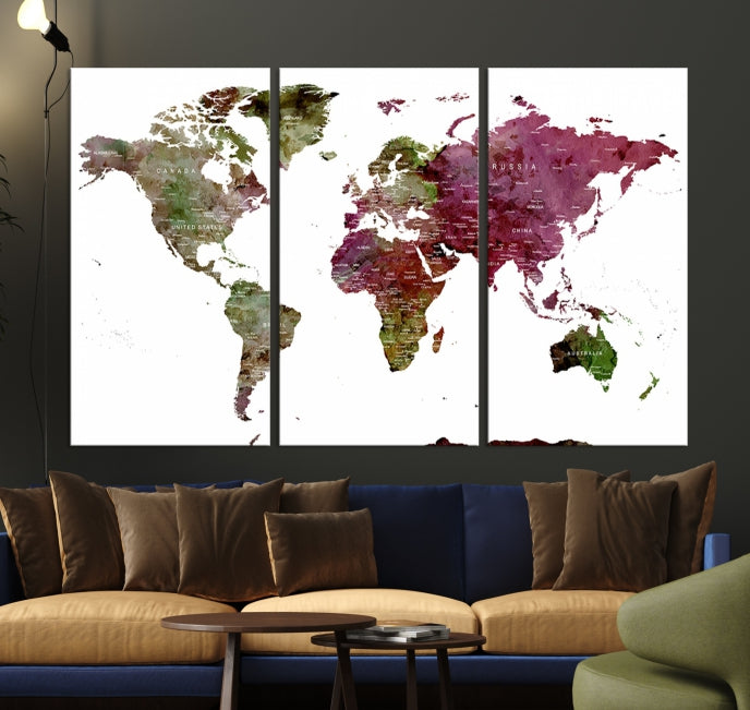 Green Purple Framed Push Pin Large World Map Wall Art Canvas Print