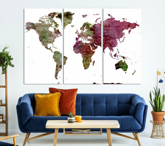 Green Purple Framed Push Pin Large World Map Wall Art Canvas Print