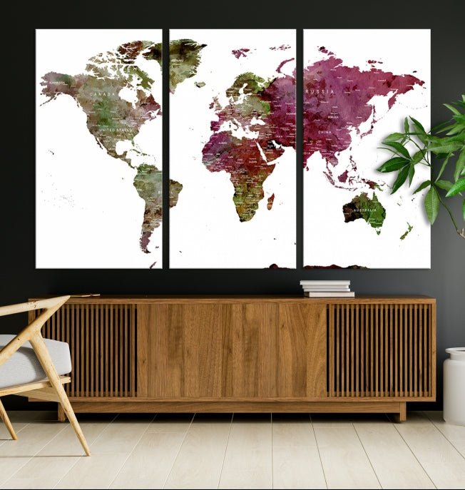 Green Purple Framed Push Pin Large World Map Wall Art Canvas Print