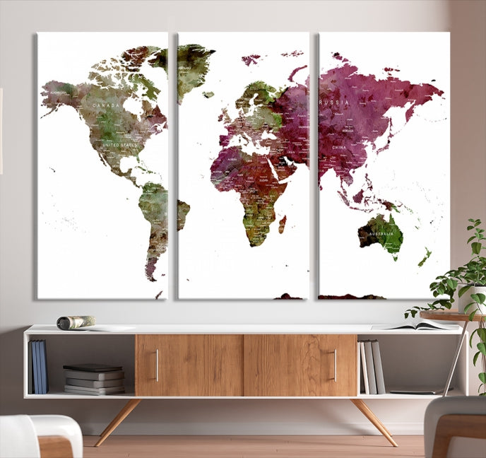 Green Purple Framed Push Pin Large World Map Wall Art Canvas Print