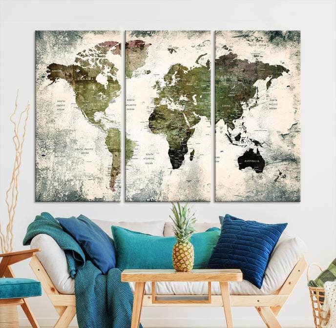 Green World Map Push Pin Detailed Map Canvas Wall Art Giclee Print