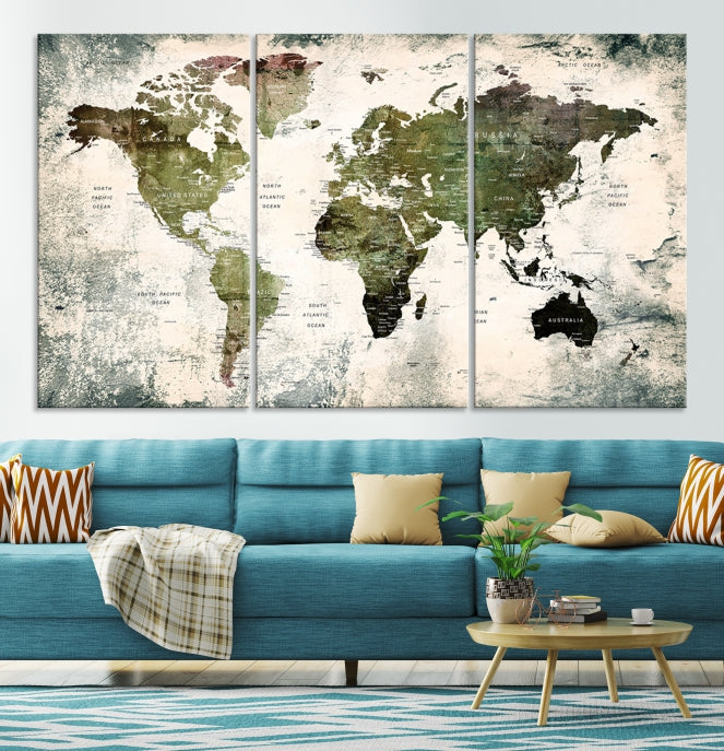 Green World Map Push Pin Detailed Map Canvas Wall Art Giclee Print