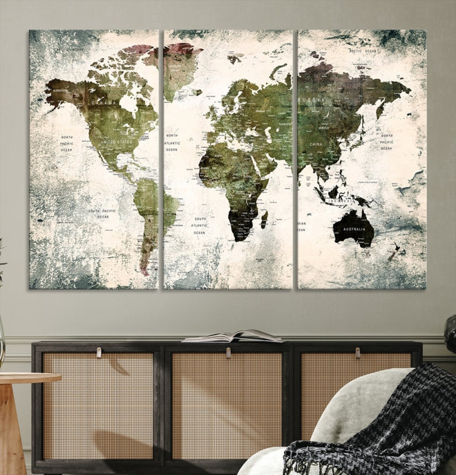 Green World Map Push Pin Detailed Map Canvas Wall Art Giclee Print