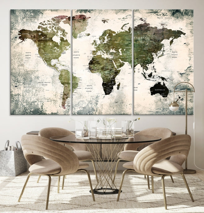 Green World Map Push Pin Detailed Map Canvas Wall Art Giclee Print