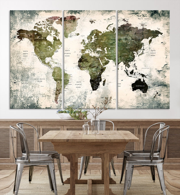 Green World Map Push Pin Detailed Map Canvas Wall Art Giclee Print