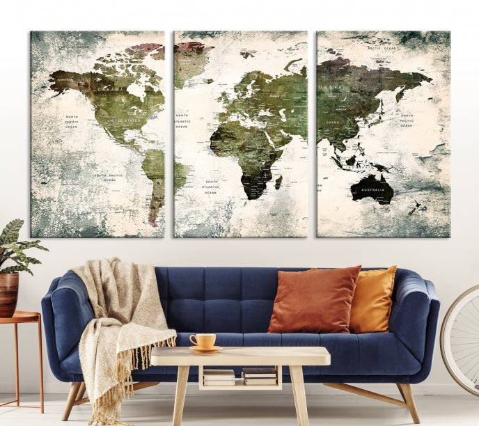 Green World Map Push Pin Detailed Map Canvas Wall Art Giclee Print