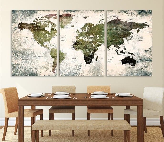 Green World Map Push Pin Detailed Map Canvas Wall Art Giclee Print