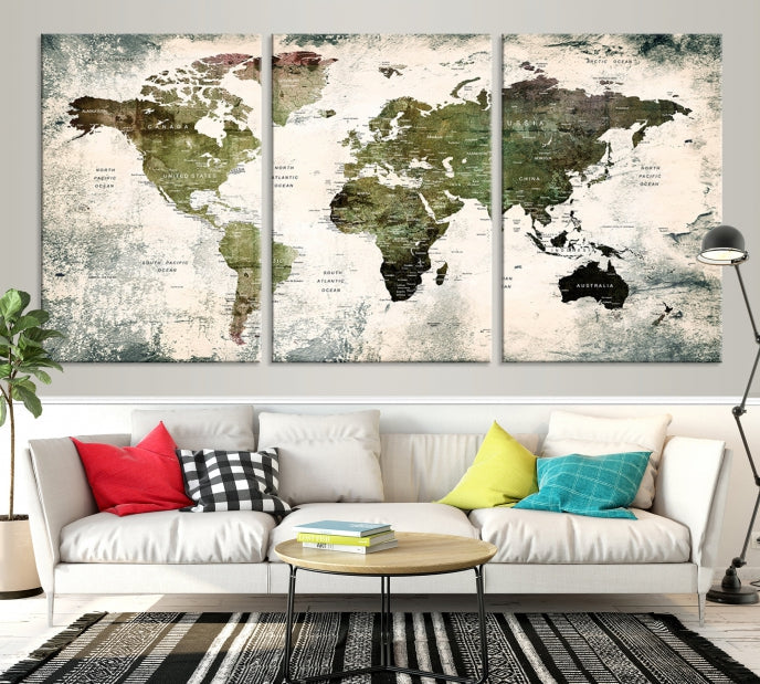 Green World Map Push Pin Detailed Map Canvas Wall Art Giclee Print