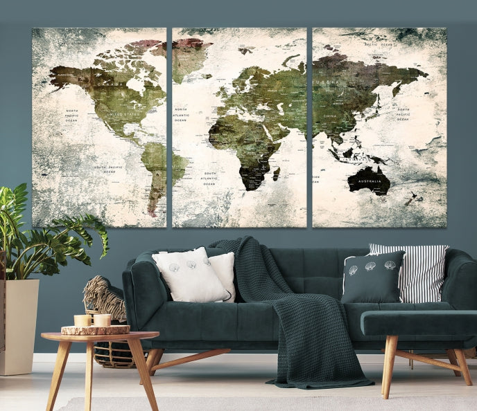 Green World Map Push Pin Detailed Map Canvas Wall Art Giclee Print