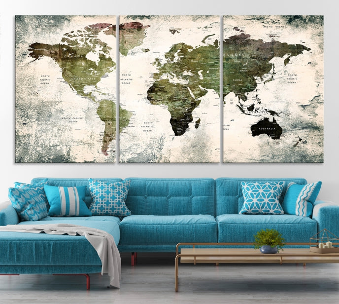 Green World Map Push Pin Detailed Map Canvas Wall Art Giclee Print