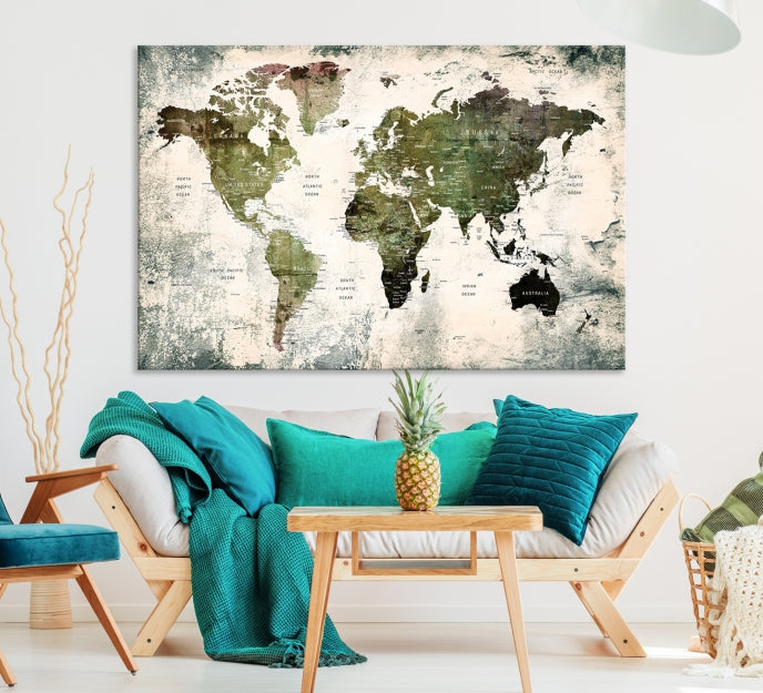 Green World Map Push Pin Detailed Map Canvas Wall Art Giclee Print