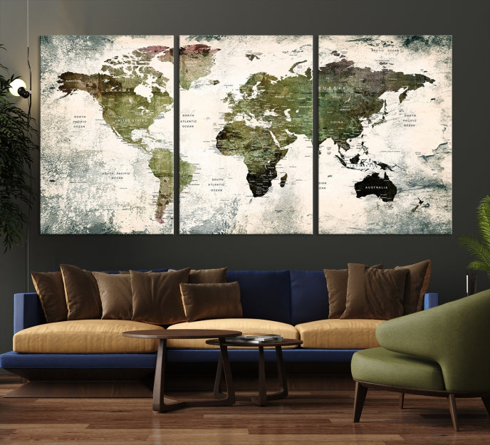 Green World Map Push Pin Detailed Map Canvas Wall Art Giclee Print