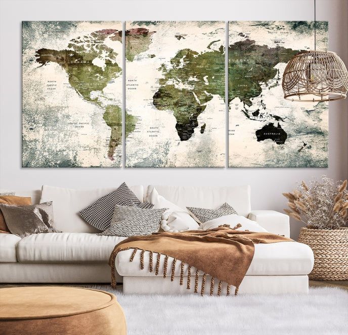 Green World Map Push Pin Detailed Map Canvas Wall Art Giclee Print