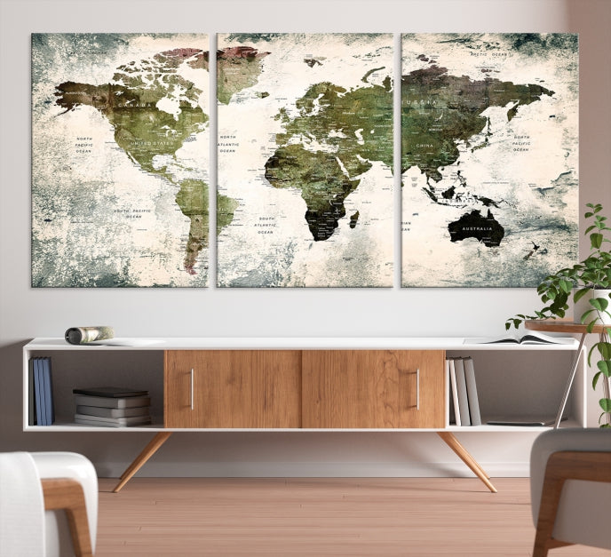 Green World Map Push Pin Detailed Map Canvas Wall Art Giclee Print