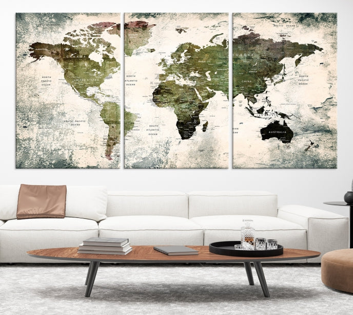 Green World Map Push Pin Detailed Map Canvas Wall Art Giclee Print