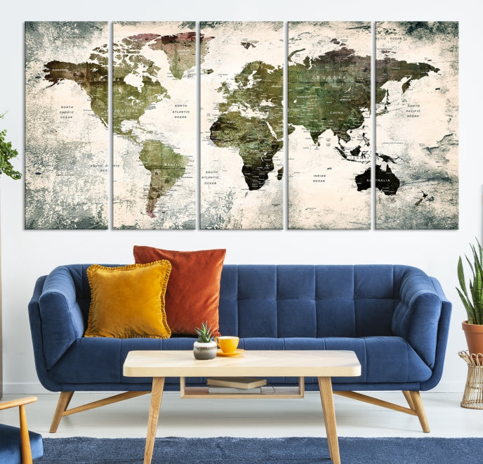 Green World Map Push Pin Detailed Map Canvas Wall Art Giclee Print