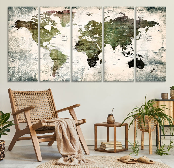 Green World Map Push Pin Detailed Map Canvas Wall Art Giclee Print