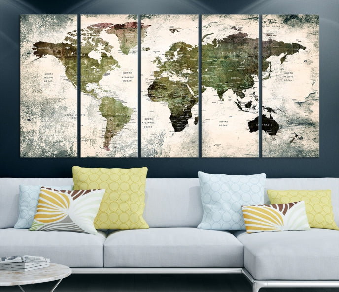 Green World Map Push Pin Detailed Map Canvas Wall Art Giclee Print