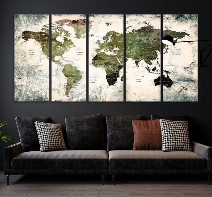 Green World Map Push Pin Detailed Map Canvas Wall Art Giclee Print