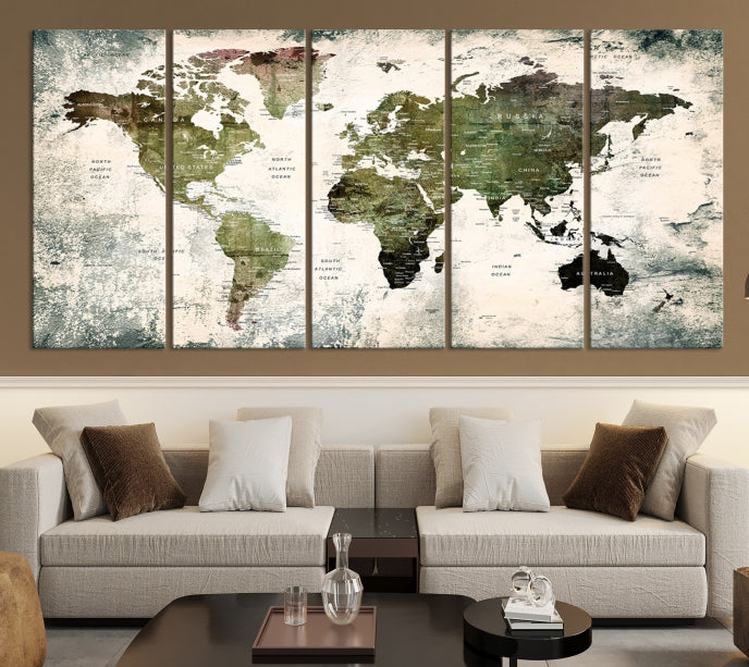 Green World Map Push Pin Detailed Map Canvas Wall Art Giclee Print