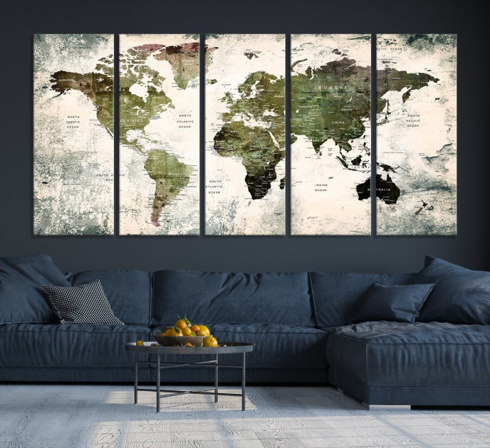 Green World Map Push Pin Detailed Map Canvas Wall Art Giclee Print