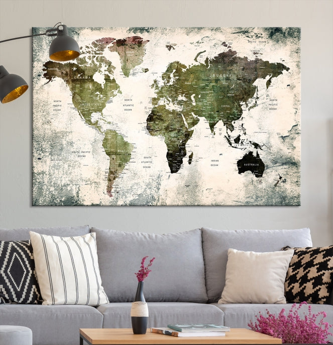 Green World Map Push Pin Detailed Map Canvas Wall Art Giclee Print