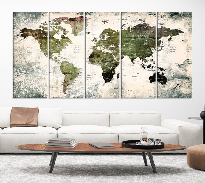 Green World Map Push Pin Detailed Map Canvas Wall Art Giclee Print