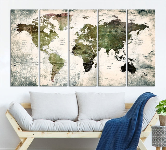 Green World Map Push Pin Detailed Map Canvas Wall Art Giclee Print