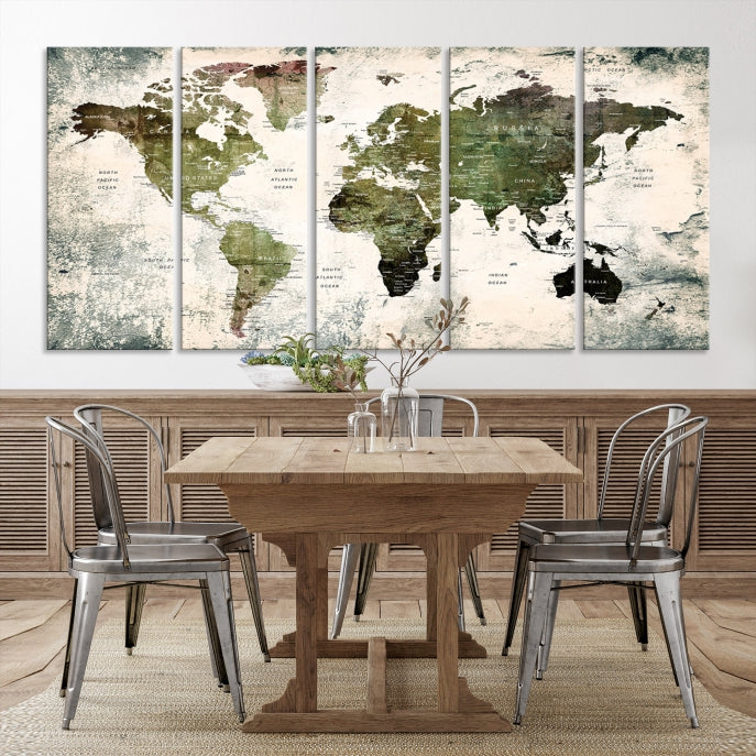 Green World Map Push Pin Detailed Map Canvas Wall Art Giclee Print