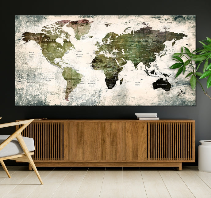 Green World Map Push Pin Detailed Map Canvas Wall Art Giclee Print