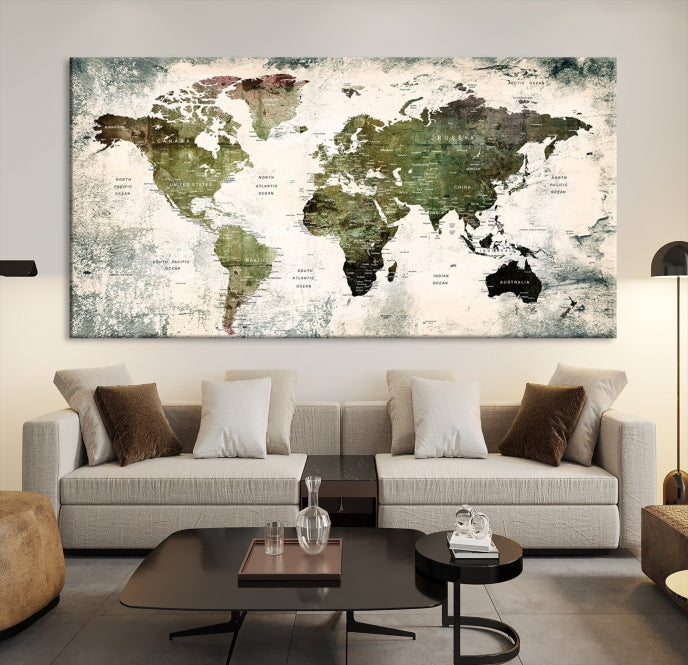 Green World Map Push Pin Detailed Map Canvas Wall Art Giclee Print